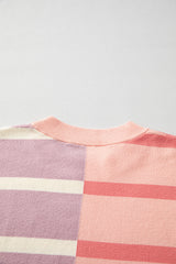 Pink Striped Colorblock Drop Shoulder Sweater