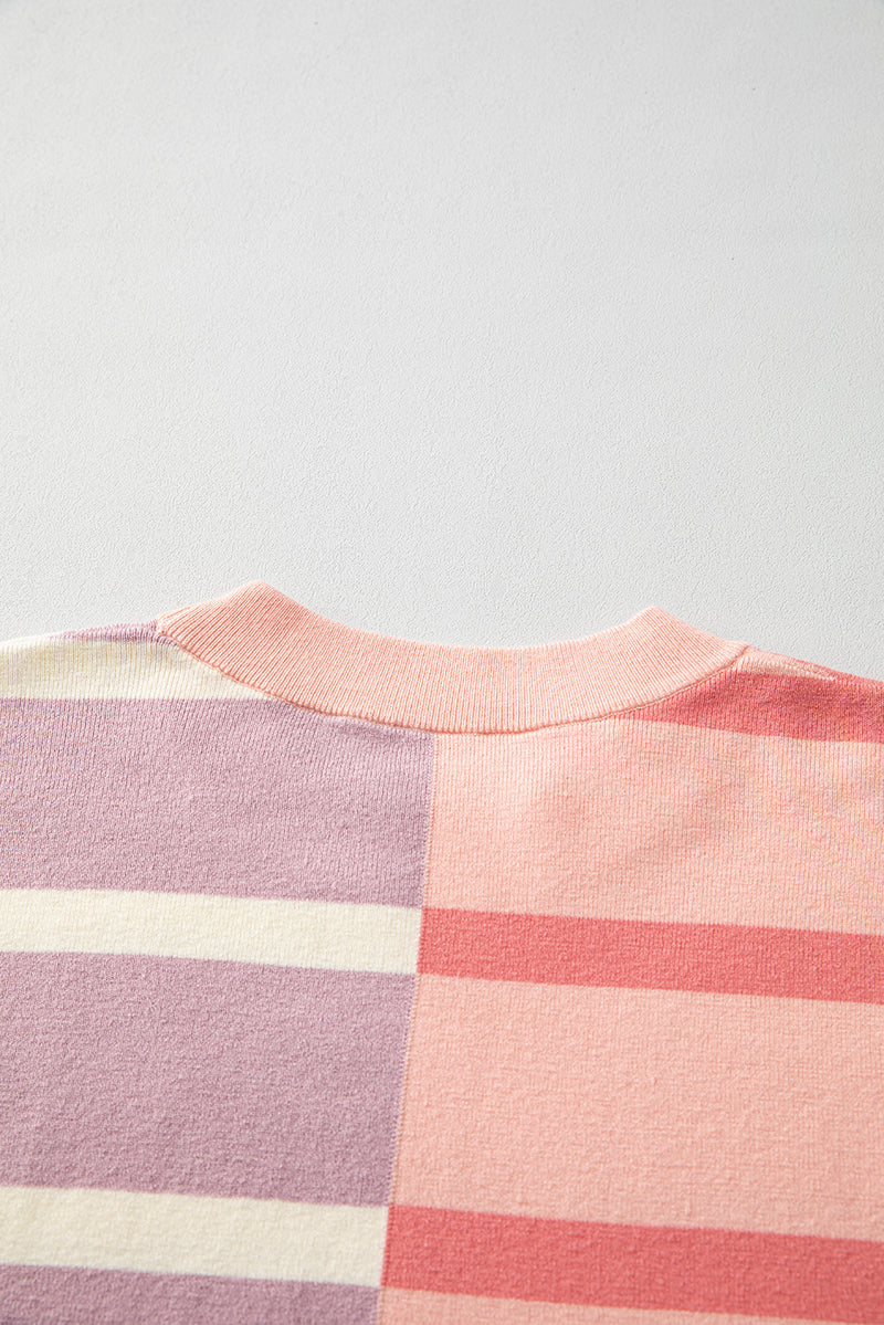 Pink Striped Colorblock Drop Shoulder Sweater