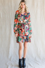 Abstract Print Waist Belted Flounce Hem Split V Neck Long Sleeve Dress