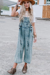 Black Distressed Bib Pocket Wide Leg Denim Overall