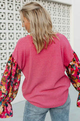 Sachet Pink Flower Patchwork Ribbed Knit Drop Shoulder Top