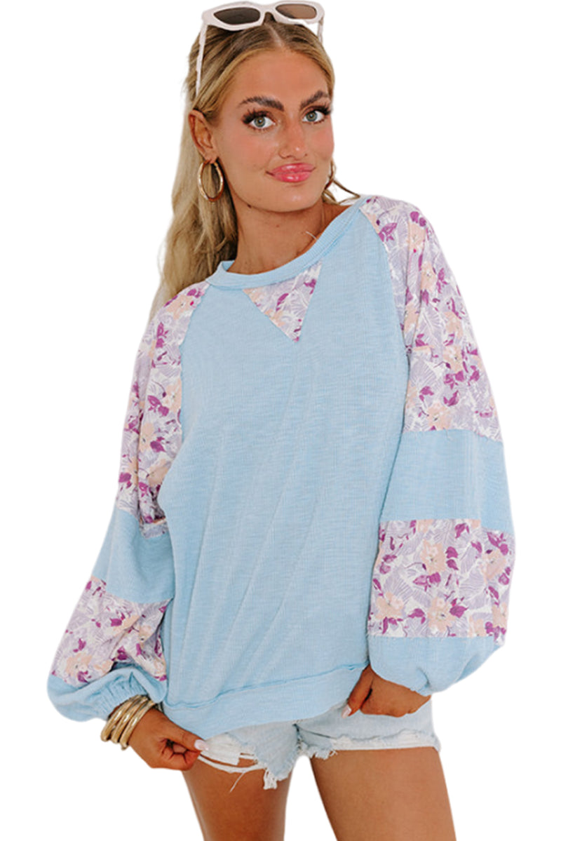 Beau Blue Ribbed Floral Patchwork Balloon Sleeve Top