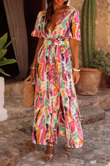 Pink Boho Tie Dye Print V Neck Side Split Maxi Dress