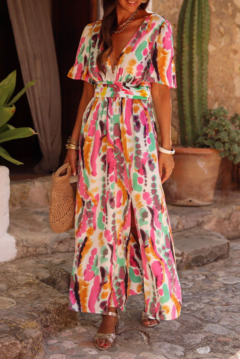 Pink Boho Tie Dye Print V Neck Side Split Maxi Dress