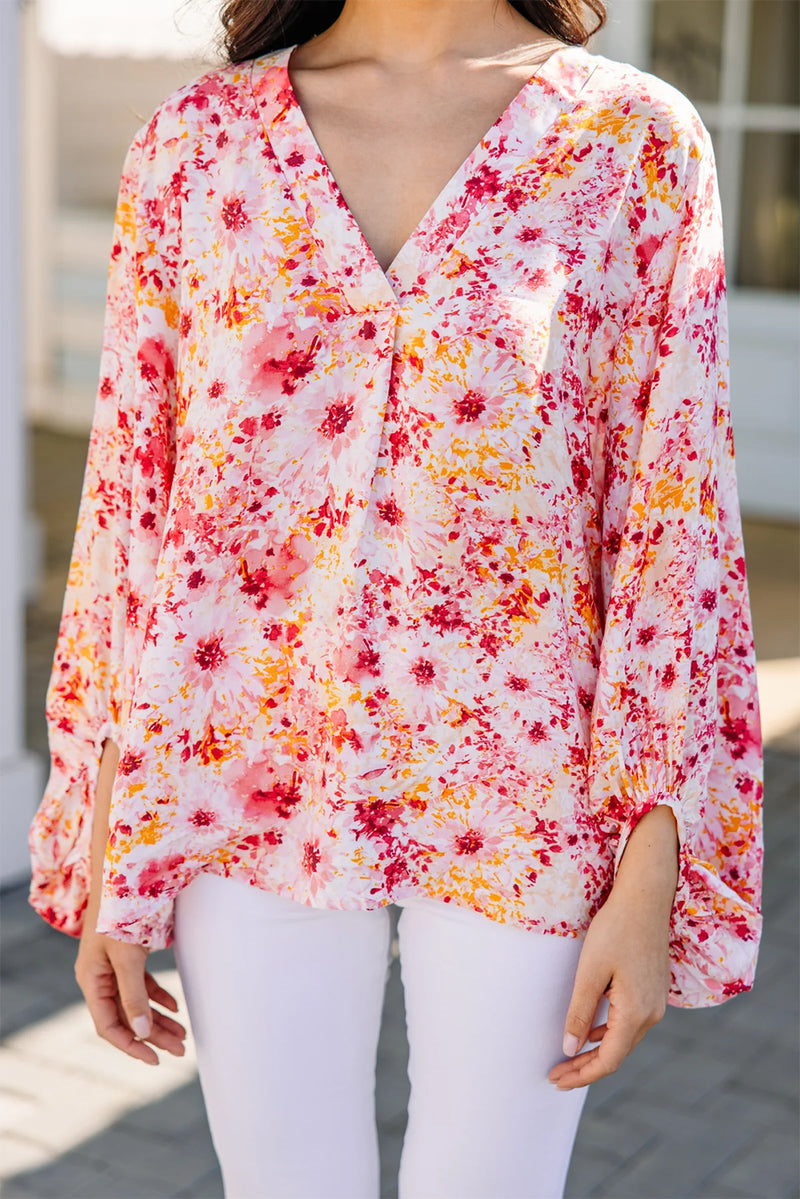 Pink Floral Print V-Neck Lantern Sleeve Blouse