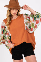 Desert Gold Floral Patchwork Sleeve Loose Top