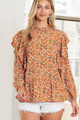 Orange Ditsy Floral Boho Ruffle Long Sleeve Blouse