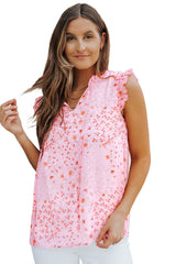 Pink Boho Floral Frill Trim Sleeveless Shirt