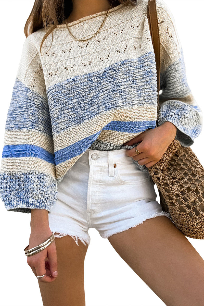 Light Blue Hollow Out Puff Sleeve Sweater