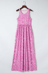 Pink Sleeveless Floor Length Leopard Print Dress with Pockets