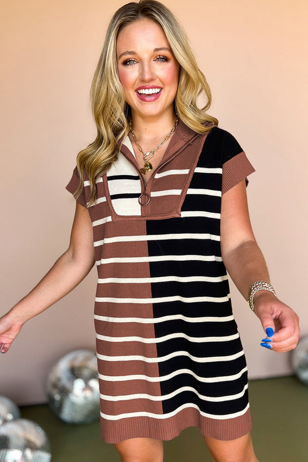 Khaki Stripe Color Block Short Sleeve Quarter Zip Mini Dress