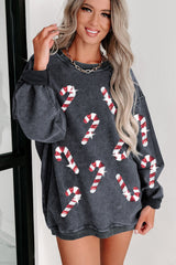 Gray Xmas Candy Cane Sequins Graphic Corded Sweatshirt