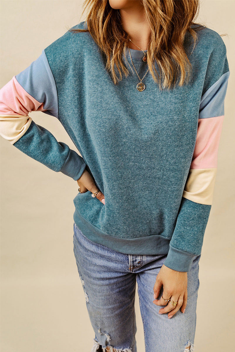 Rosy Color Block Casual Drop Sleeve Sweatshirt