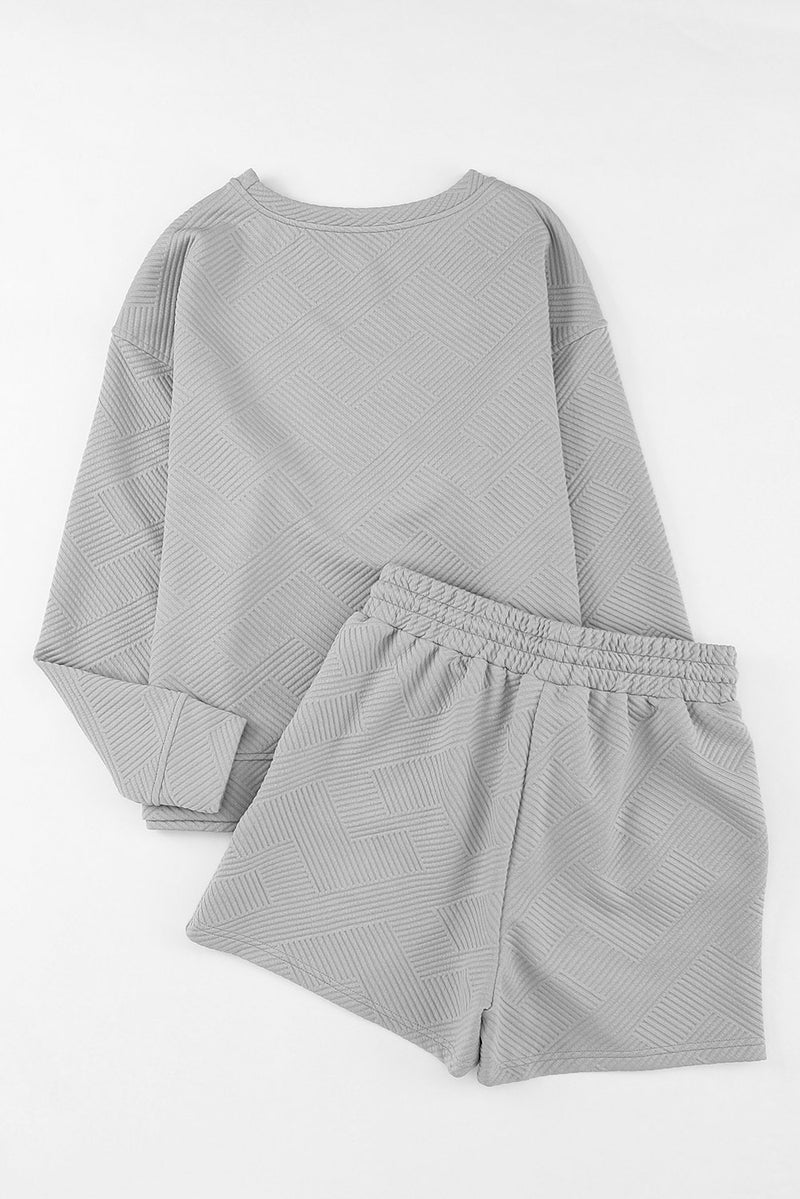 White Textured Long Sleeve Top & Drawstring Shorts Set