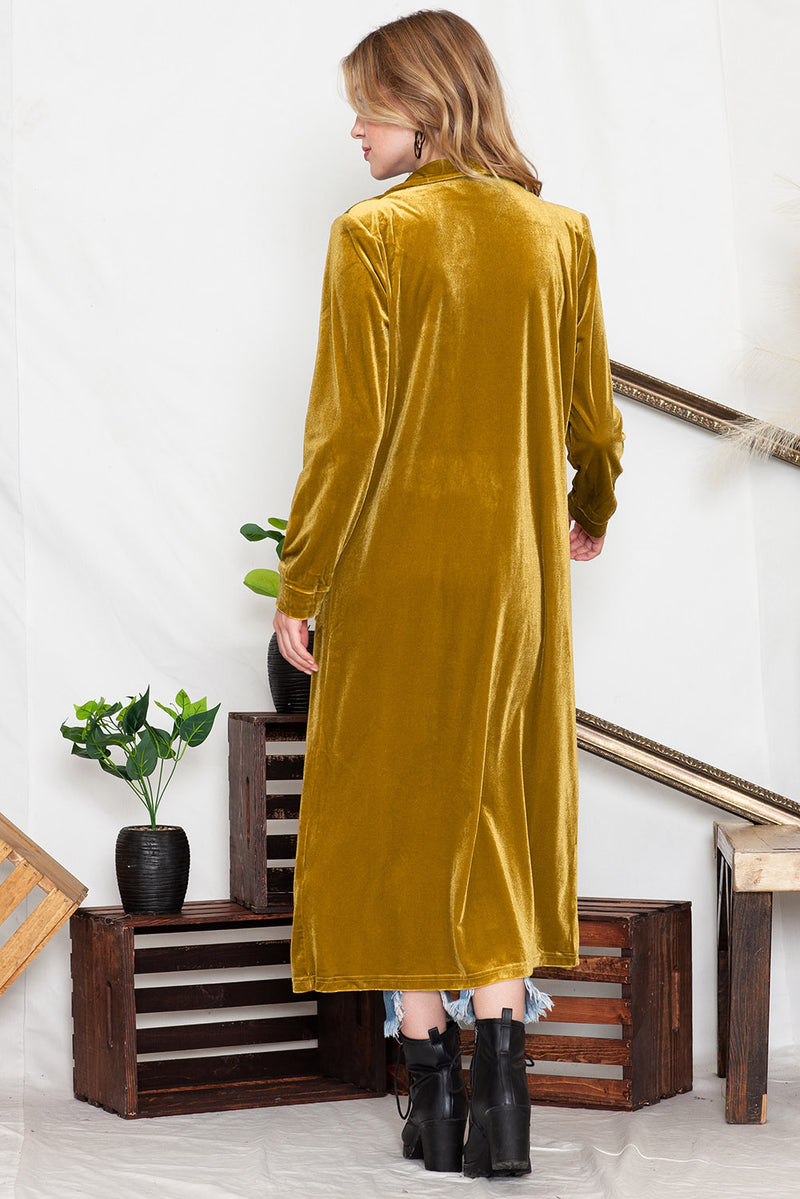 Green Velvet Elegant Pocket Open Front Long Cardigan