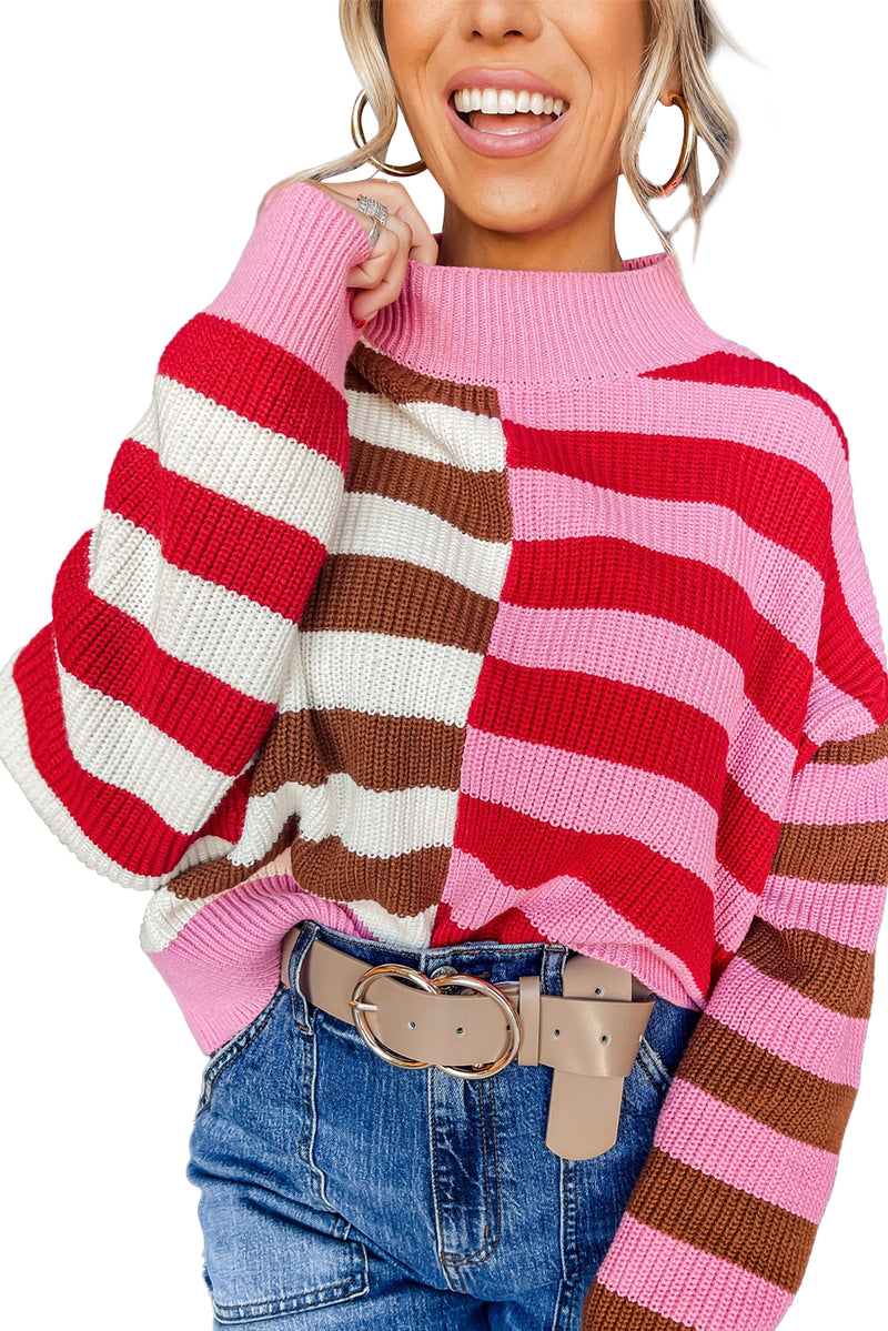 Pink Stripe Color Block High Neck Drop Shoulder Loose Sweater