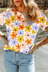 Orange 60s Vintage Flower Print Round Neck T Shirt