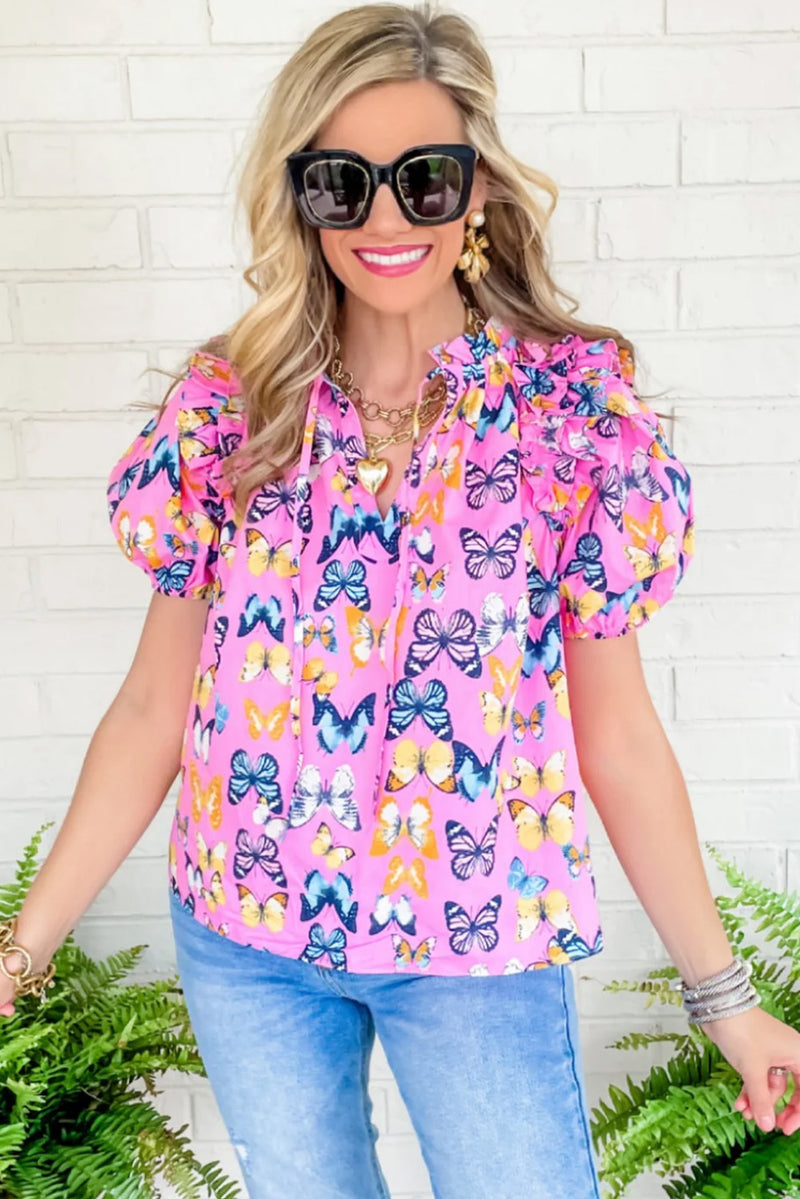 Purple Butterfly Print Frill V Neck Puff Sleeve Blouse