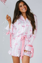 Pink Bow Print Bell Sleeve Shirt and Ruffle Hem Shorts Pajama Set