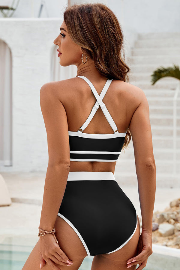 Black Contrast Trim Crisscross Back High Waist Bikini Set
