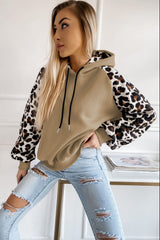 Khaki Leopard Bishop Sleeve Drawstring Hoodie