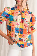 Multicolour Boho Floral Checkered Frill V-Neck Blouse