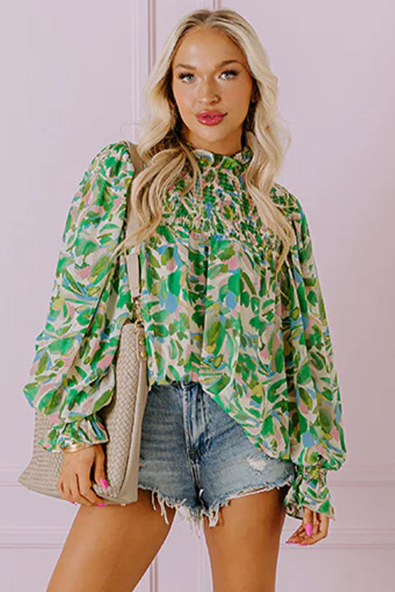 Green Abstract Print Puff Sleeve Frill Neck Shirred Blouse