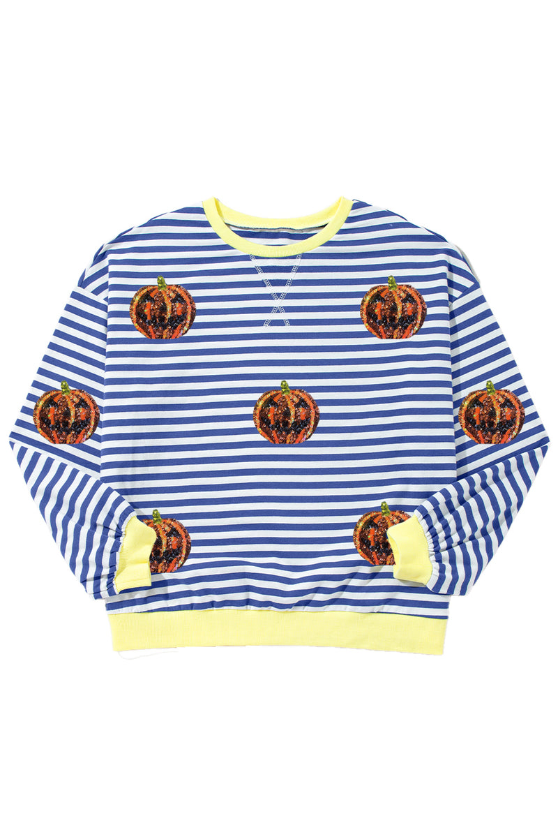 Blue Stripe Funny Halloween Pumpkin Face Oversize Graphic Sweatshirt