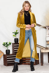 Green Velvet Elegant Pocket Open Front Long Cardigan