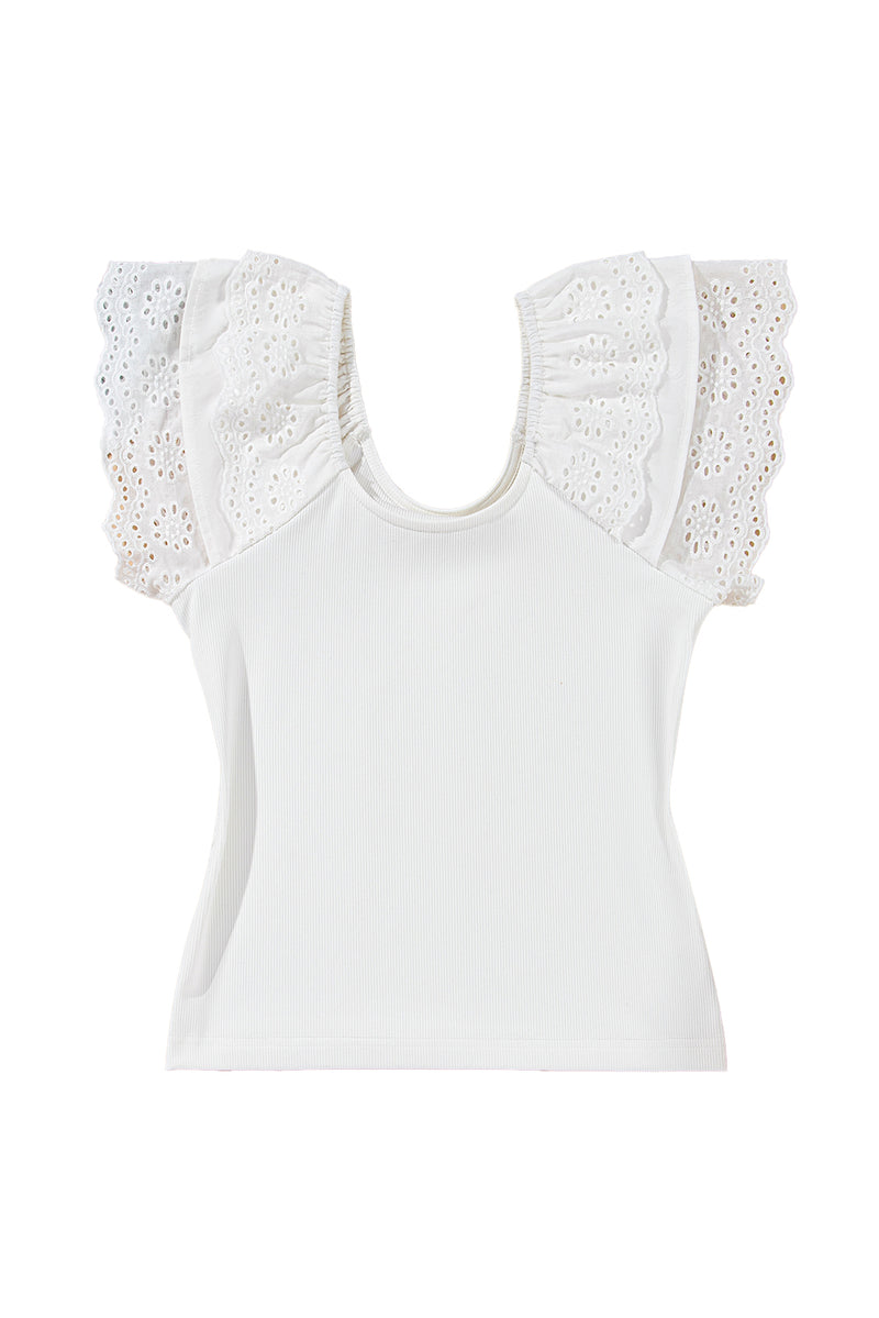 White Eyelet Ruffle Sleeve Slim Fit Top