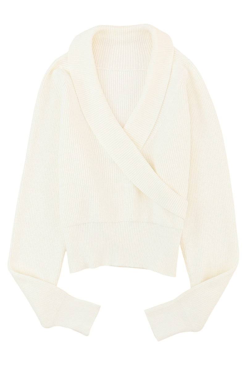 Beige Ribbed Long Sleeve Surplice Crop Sweater