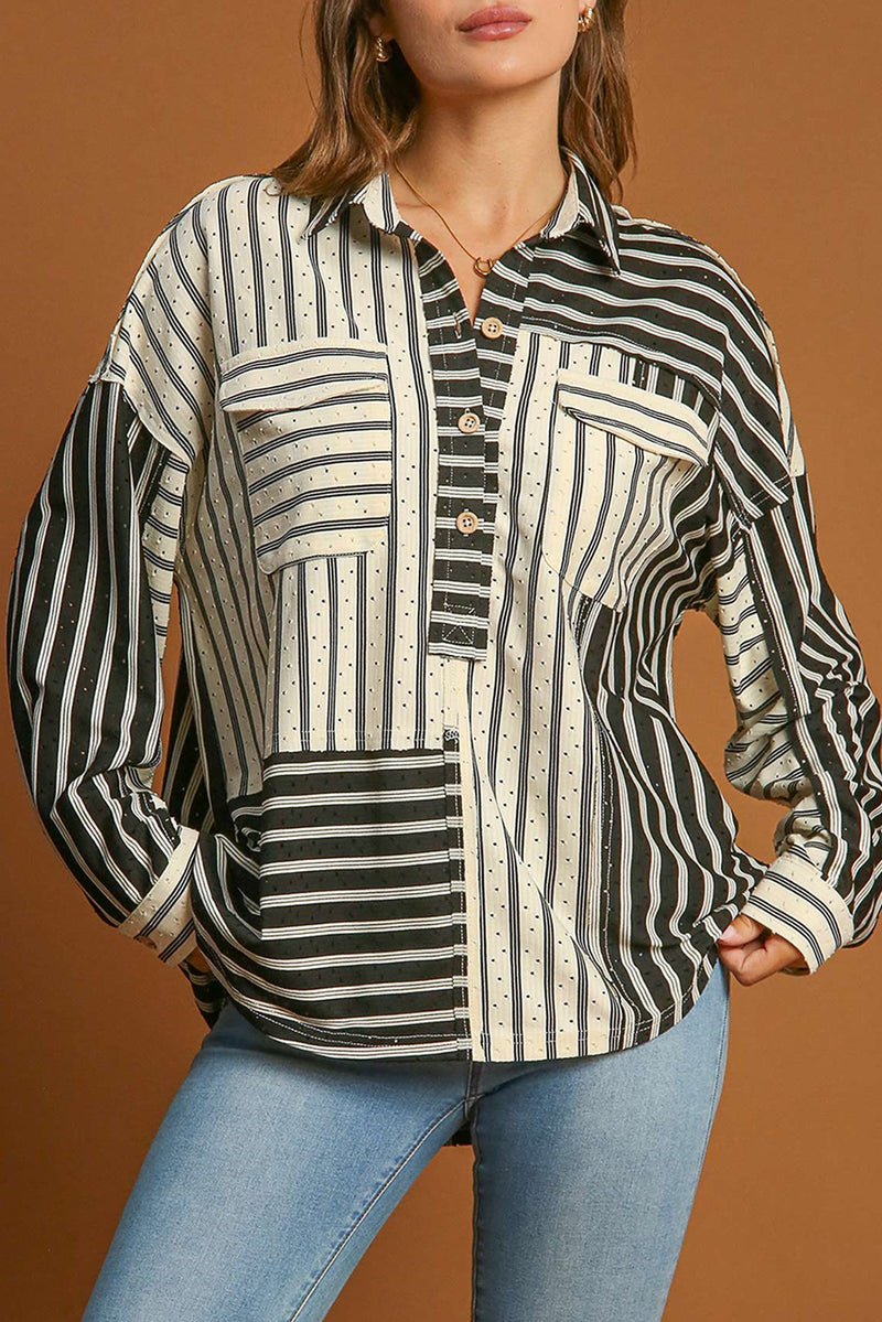 Black Striped Patchwork Button-up Long Sleeve Shirt