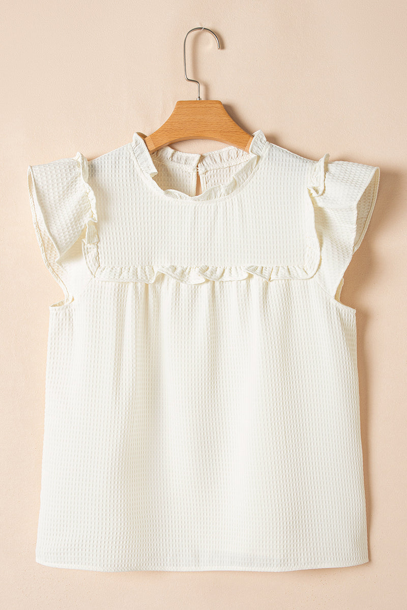 White Solid Color Ruffle Trim Waffle Textured Blouse