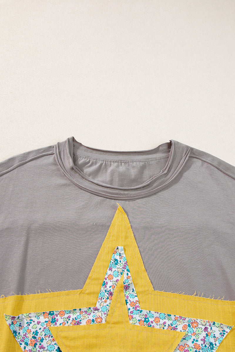 Medium Grey Floral Star Patched Exposed Seam Mineral Wash Top