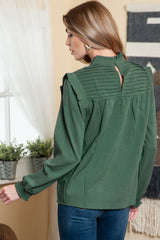 Green Ruffled Solid Color Pleated Long Sleeve Blouse