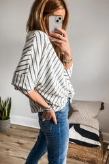 Black Stripe V Neck Long Sleeve Waffle Knit Top