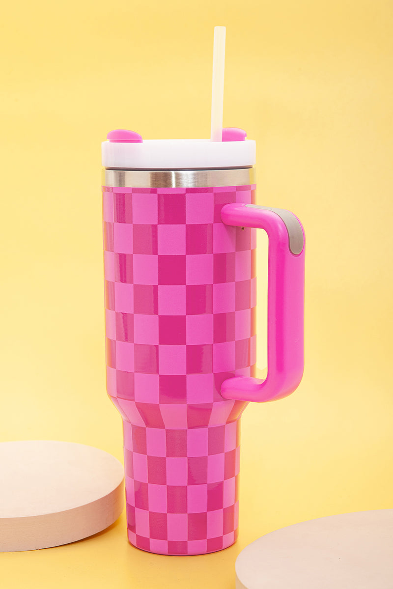 Pink Checkered Print Handled Stainless Steel Tumbler Cup