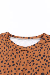 Khaki Crew Neck Long Sleeve High Waisted Leopard Print Dress