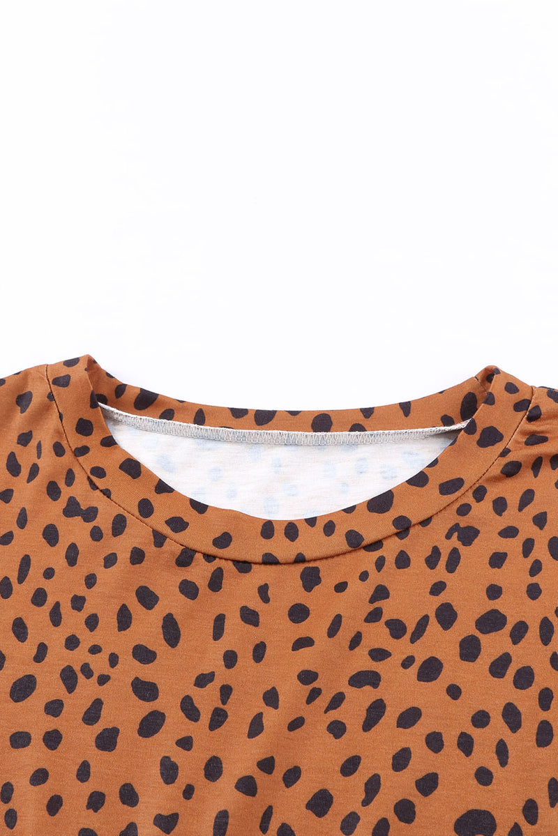 Khaki Crew Neck Long Sleeve High Waisted Leopard Print Dress