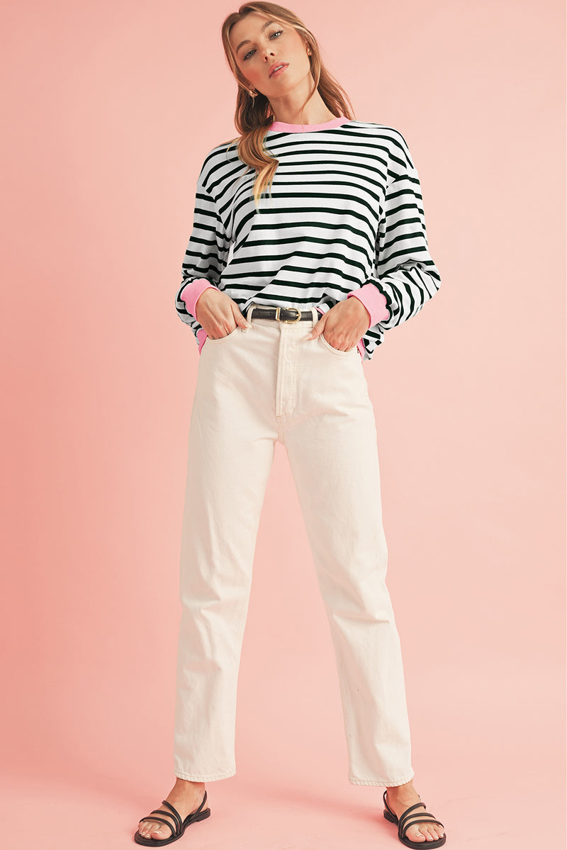 Black Striped Contrast Trim Long Sleeve Top