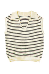 Beige Stripe Turn-down Collar Sleeveless Knitted Top