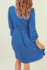 Dark Blue Casual Buttons Up Ruched Waist Short Dress