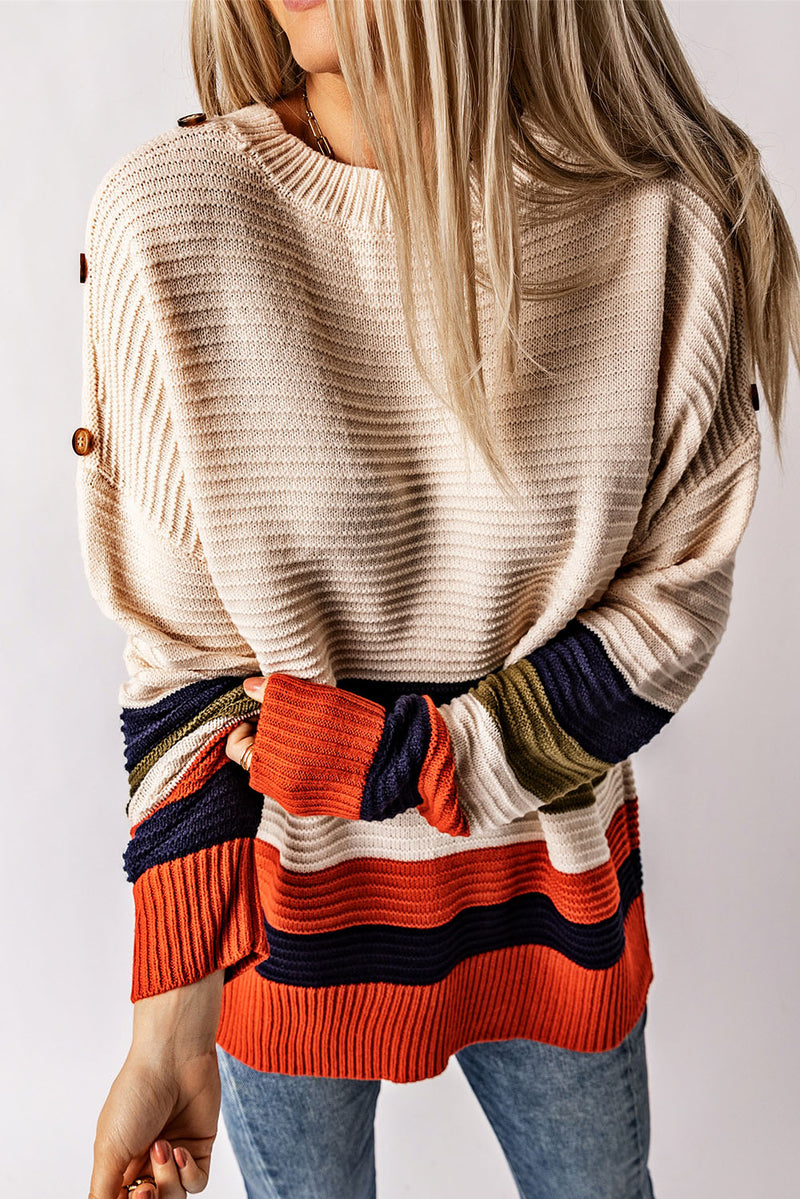 Colorblock Striped Button Drop Shoulder Pullover Sweater