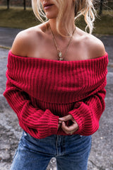 Racing Red Off Shoulder Ribbed Knit Sweater