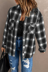 Black Button Up Collared Plaid Shacket