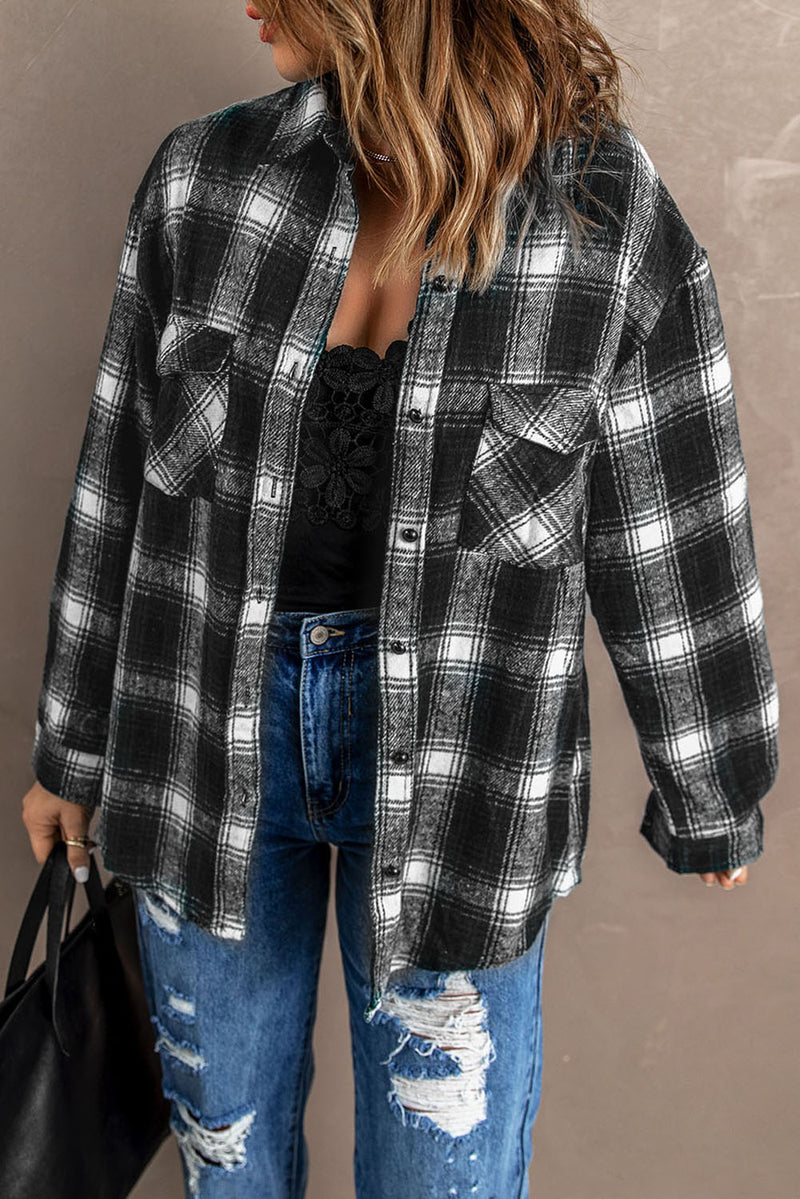 Black Button Up Collared Plaid Shacket