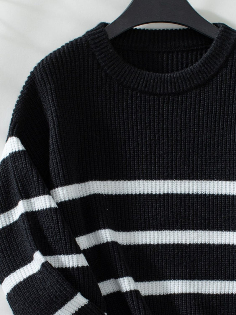 Striped Round Neck Dropped Shoulder Sweater