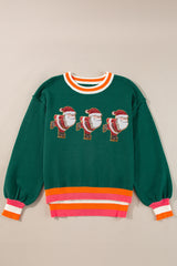 Blackish Green Shimmer Santa Clause Graphic Striped Trim Crewneck Sweater