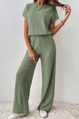 Grass Green Solid Color Ribbed Short Sleeve Wide Leg Jumpsuit