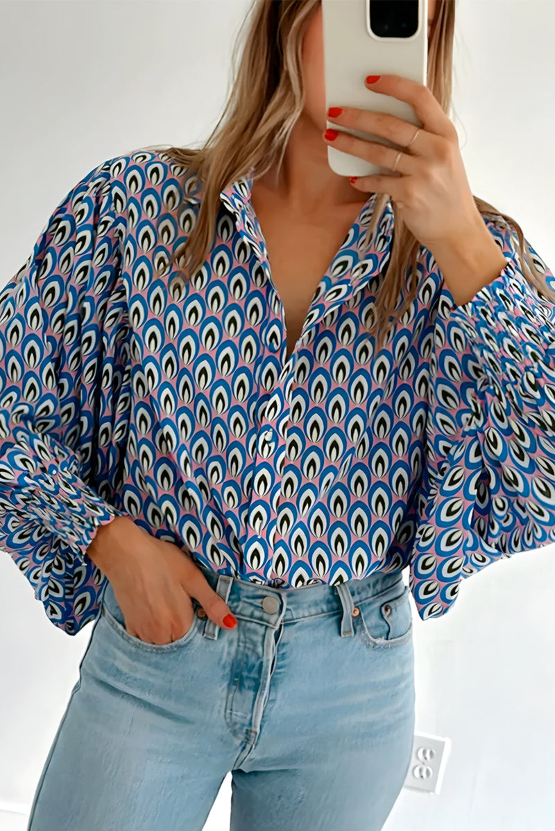 Sky Blue Abstract Print Collared Lantern Sleeve Shirt